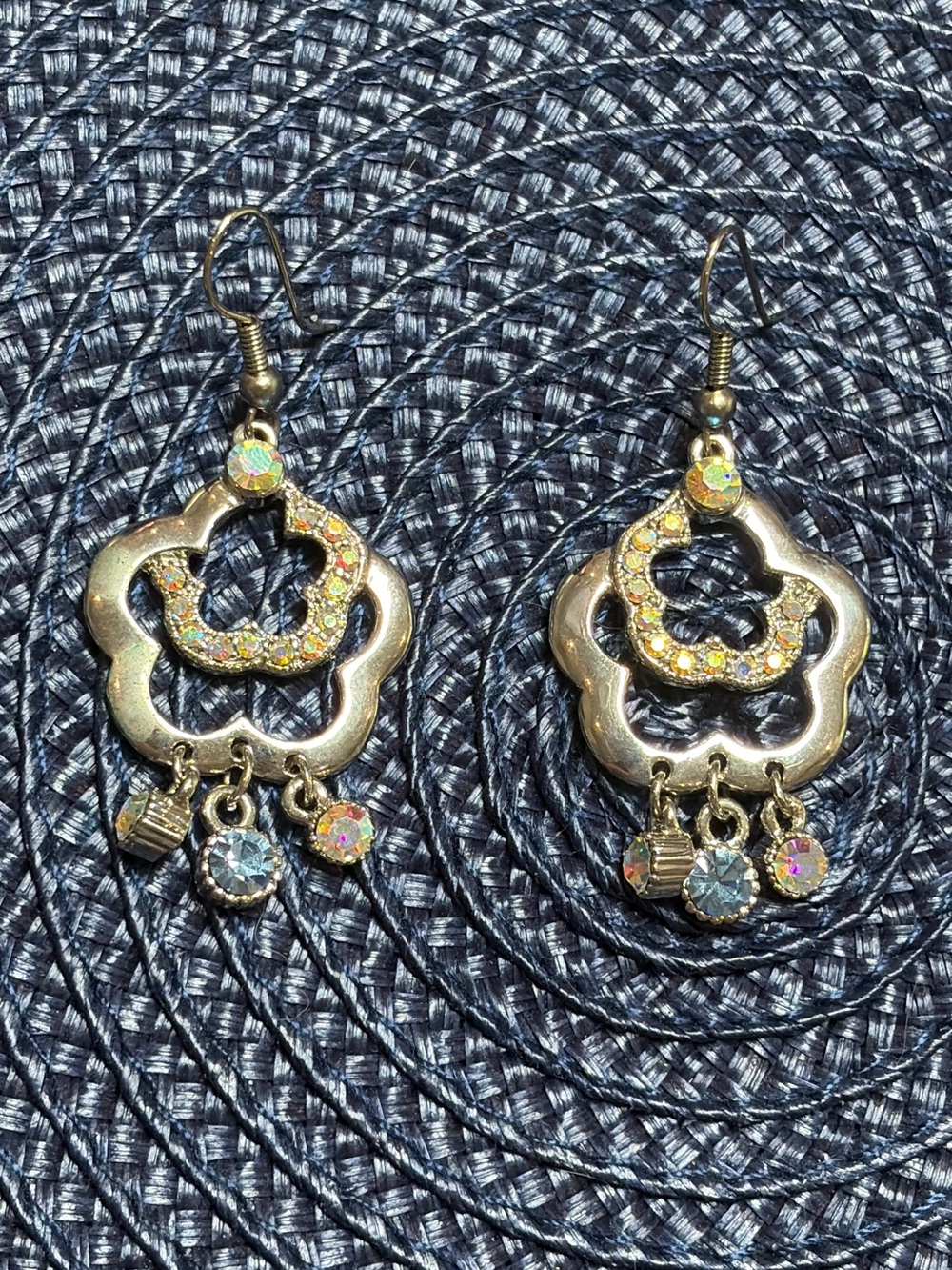 Silver Metal Floral Dangle Earrings with Aurora Colored Accents